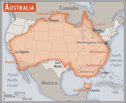 Australia compared to the United States map